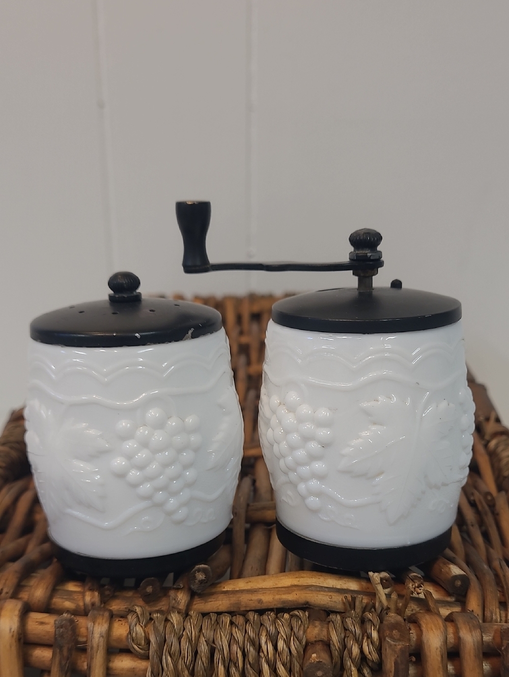 Milk Glass George Thompson Embossed Grapevine Salt and Pepper Mill Set